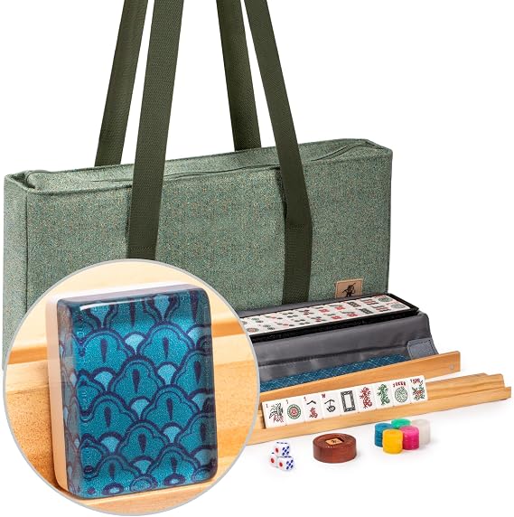 American Mahjong Set,#34;Atlantica" with Fabric Case, 4 Wooden Pusher Racks, Wind Indicator, Dice & Wright Patterson Count Scoring Coins