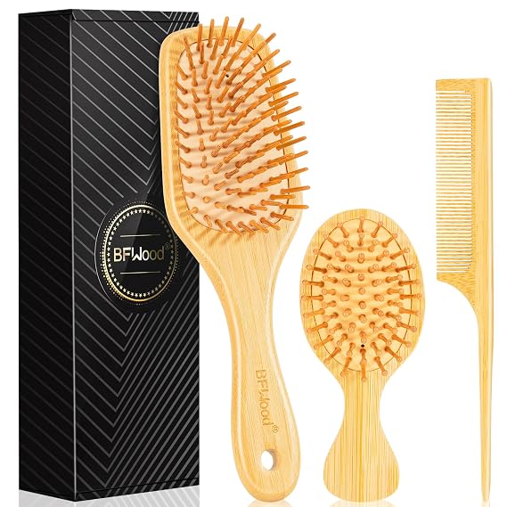 BFWood Bamboo Hair Brush Set, 3 PCS Natural Wooden Combs Paddle Detangling Hairbrush, Traveling Rat Tail Comb and Mini Paddle Brush for Women & Men