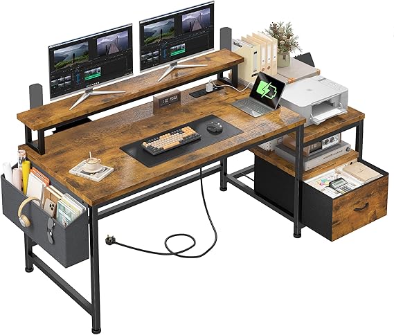 Computer Desk with Drawers and Printer Storage,Corner Desk with Charging Port & Power Outlet & Monitor Shelf, 140x50cm Home Office Desk ReversibleStudy Table for Home worker and College Student Brown
