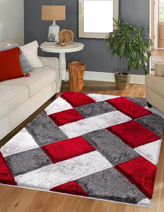 Multi Colored Shaggy Rugs Large Area Rugs for Living Room Bedroom Soft Thick Pile Modern Shimmer Shaggy Rugs Floor Mats (Red, 120 x 170 cm)