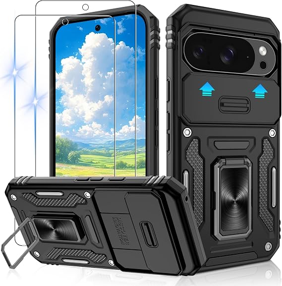 Jshru for Google Pixel 10 and Pixel 10 Pro Case with 2 Pack Screen Protector,Military Grade Shockproof Cover with Camera Protective,Ring Stand Phone Case for Google Pixel 10,Black