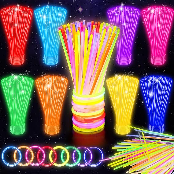 SHQDD 100 Glow Sticks Bulk Party Pack, 8 Neon Glow Sticks, DIY Glowsticks with Connectors Bracelets & Necklaces, Glow in the Dark Party Supplies for Kids, Adults, Parties, 4th of July & Halloween
