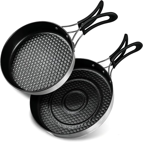 REDCAMP 2Pcs Nonstick Frying Pan Set, Stainless Steel Camping Skillet with Foldable Handle for Easy Storage, Lightweight Portable Cooking Pan for Egg Steak Outdoor Kitchen Backpacking