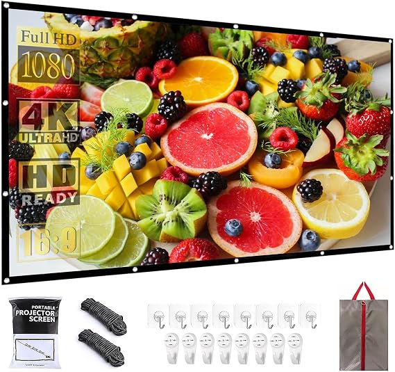 Projector Screen 120 Inch Portable Movie Screen for Outdoor Indoor 16:9 Foldable Wrinkle-Free 1.1 GAIN,160Viewing,Support Front Rear Projection with 8 Sticky Hooks & 8 Nail Hooks (120 INCH)