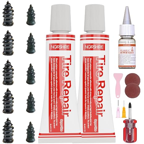 NORSHIRE Tire Repair Screw Kit, 10 Self-Sealing Screw-in Tire Plugs with Screwdriver and 3 Repair Adhesives, Quick Tubeless Tire Puncture Repair for Car, Motorcycle, Truck, ATV and Tractor