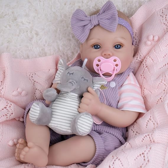 EKOKIZ Lifelike Reborn Baby Dolls - 18 Inch Realistic Baby Doll Cloth Body Newborn Girl with Elephant Outfit & Accessories, Gift Box Included for Kids Role Play, Cuddling & Collectors