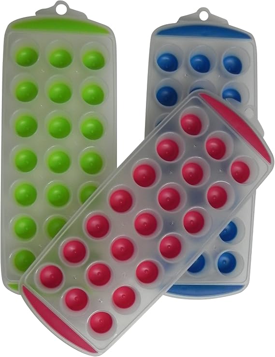 Easy Push Pop Out Round Mini Ice Cube Trays with Flexible Silicone Bottom - Set of 3- Perfect for Water Bottles