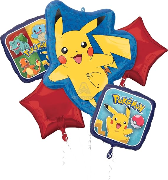 Anagram Pokemon Foil Balloon Bouquet 5 Piece Set Perfect for Kids Birthdays and Themed Parties