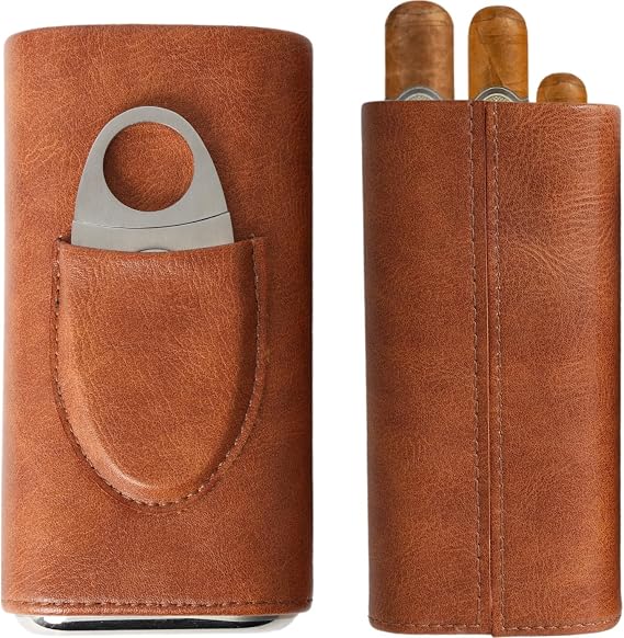 Mantello Cigars Premium 3- Finger Brown Leather Cigar Case Travel, Cedar Wood Lined Cigar Humidor with Stainless Steel Cigar Cutter - leather cigar case travel