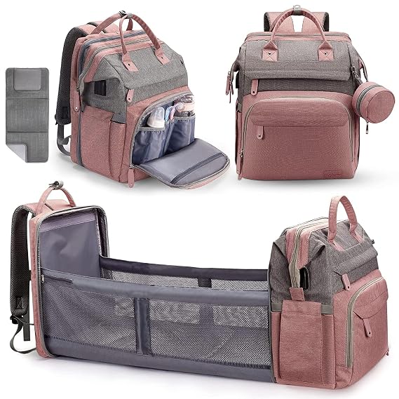 DERJUNSTAR Diaper Bag Backpack Large Capacity Baby Diaper Bag with Changing Pad for Dad and Mom, Waterproof Travel Backpack, Multi-Function Bag with USB Charging Port, Rose Pink