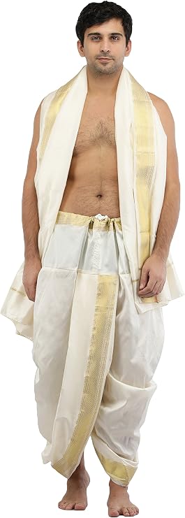 Exotic India Ready to Wear Art Silk Dhoti and Angavastram Set For Men with Wide Golden Border Design Pooja Dhoti Gamcha Set