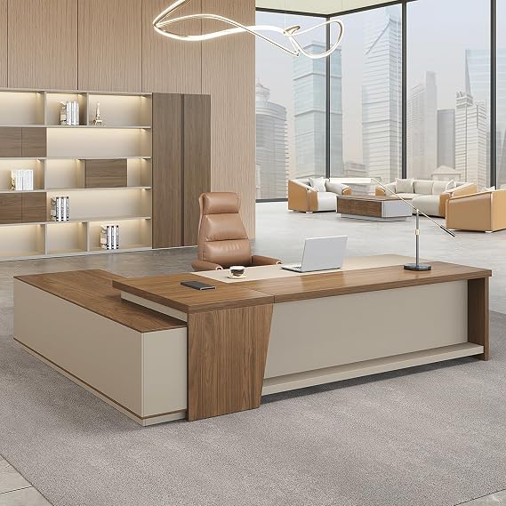 79" L Shaped Executive Desk with Lockable Drawers & Cabinet, Modern Executive Office Desk with Cable Management Box, Privacy Panel for Home Office (Champagne Wood Grain + Beige, Right)