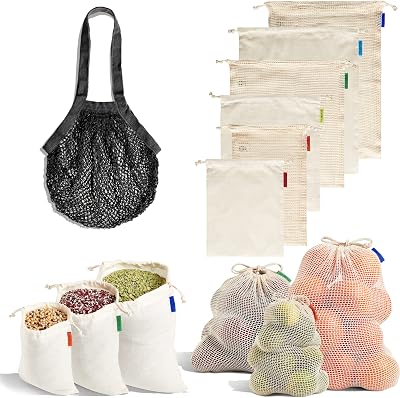 Reusable Produce Bags  Bulk Food Bags  String Bag, 7-pack - Assorted Sizes, Organic Cotton Materials Mesh, Muslin, Net, Tare Weight Label, Washable, Drawstrings, Zero Waste Shopping Kit, Black