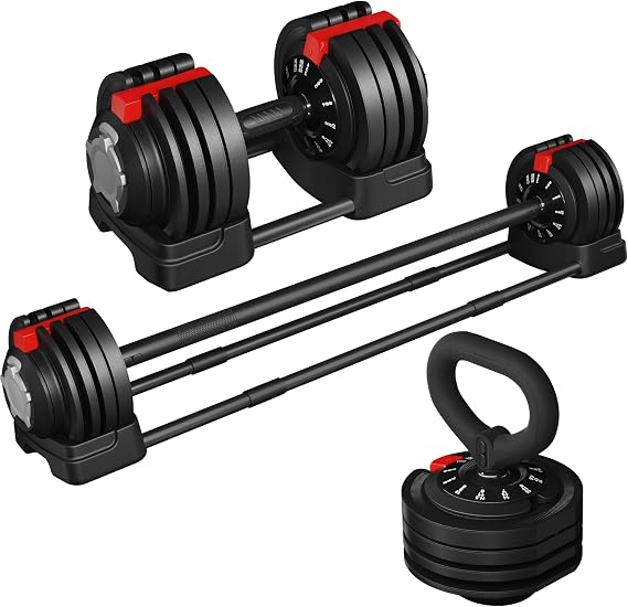 Yaheetech Adjustable Dumbbell & Barbell, Quick-Adjust Dumbbells Black & Red | Free Weights, Quick-Adjust Weights, Anti-Slip Handle and Space-Saving, Home Gym Office Workout Full Body Strength Training