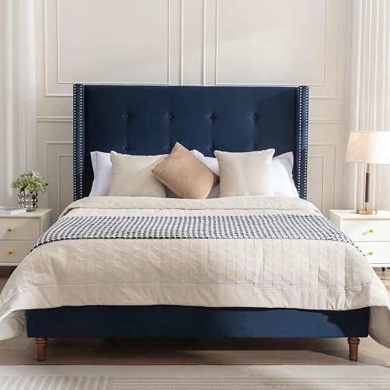 Queen Size Upholstered Platform Bed Frame with Wingback Headboard