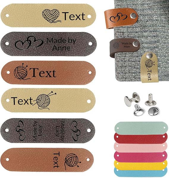 10-100pcs Personalized Leather Tags for Crochet Items, 2.5 x 0.6 inches Custom Labels for Crochet and Knits Projects with Rivets, Suitable for Hats Beanies Scarves & More (Normal)