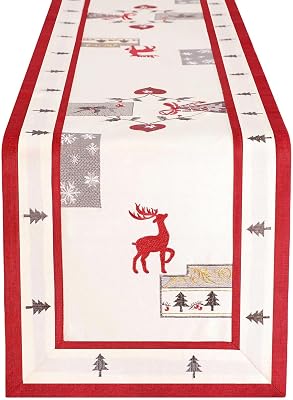 Simhomsen Embroidered Red and White Christmas Holiday Table Runner with Deer and Heart Motifs 14 34 inches