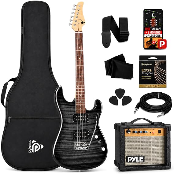 Pyle Electric Guitar and Amp Kit - Full Size 39" Complete Starter Kit with Wearable Bluetooth Amplifier, 1/4 Cable, Carry Case, Strap, Strings, Picks, Cleaning Cloth, ST-Style Pickups (Legacy Black)