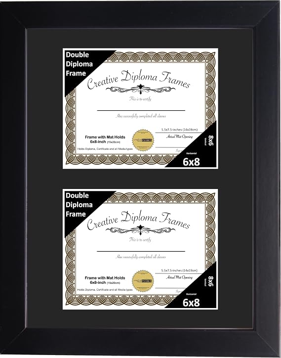 Creative Picture Frames 6x8 inch Classic Black Double Diploma Frame with Black Mat and Installed Wall Hanger