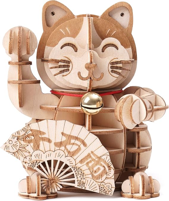 Rolife 3D Wooden Puzzles Lucky Cat DIY Wood Craft Model Kit Gift for Teens&Adult to Build