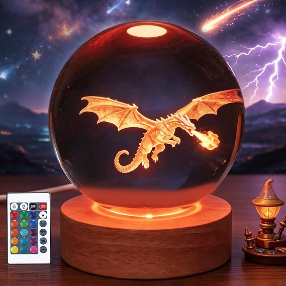 OkiyiD Dragon Night Light, Dragon Gifts Crystal Ball 3.15 Inch (80mm) Lamp with 16 Colors, Dragons Toy for Kids Boys Birthday Xmas, 4-Legged Dragon Decor Accessories Room Decoration Ornaments [Energy Class G]