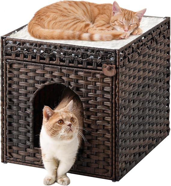 SETVSON Cat Beds for Indoor Cats Extra Large Double PE Rattan, Brown