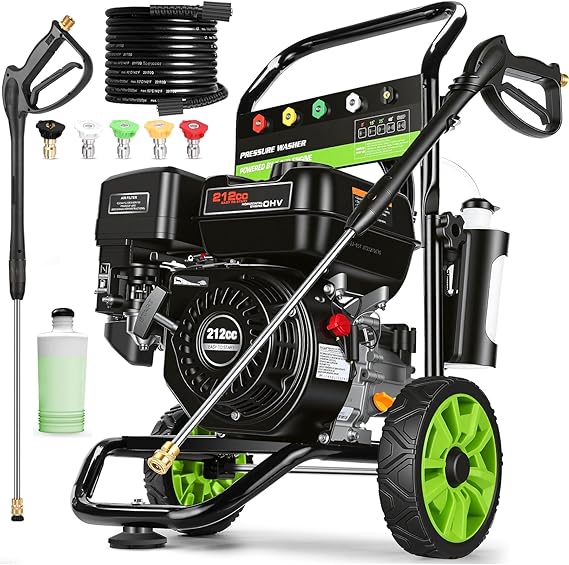 Professional 4200PSI 4GPM 212CC Gas Exterior Cleaner, 7.0HP Commercial Gas Washing Machine with 1L Foam Bottle 8" Wheels 5 Nozzles 25FT Hose for Home Car Driveway Yard (EPA/CARB/ETL Compliant), Black
