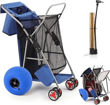 DoubleFill Beach Cart with 12 inch Balloon Wheels for Sand Foldable Beach Buggy Wide Wheel Storage Wagon Lightweight Rust Free Aluminum Frame with Body Board Holder Removable Tote for Most Terrain