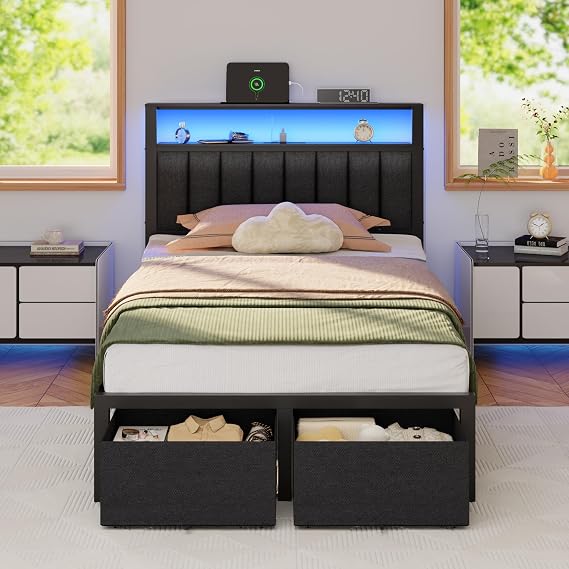 Furnulem Twin Bed Frames with Storage Drawers and Upholstered Headboard