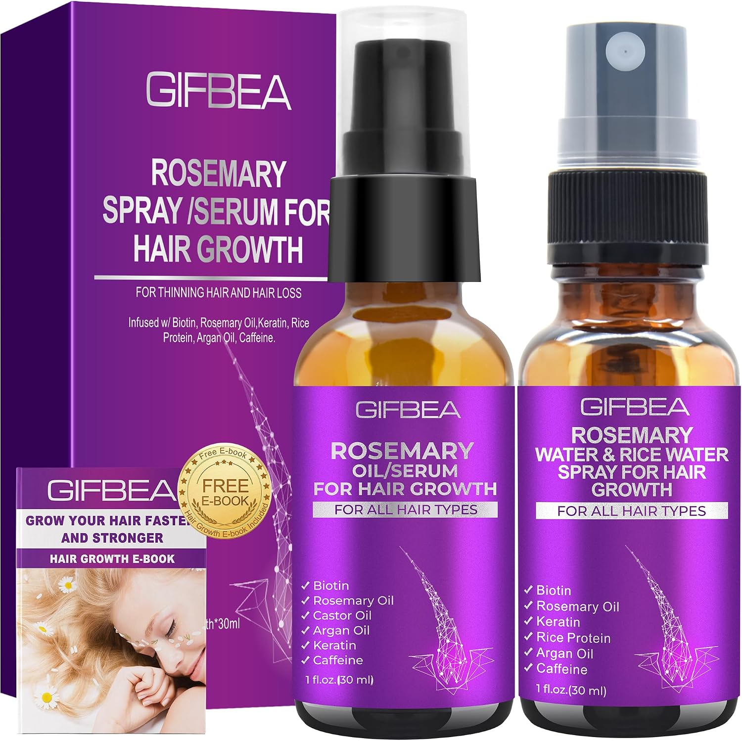 GIFBEA Rosemary Oil Serum for Hair Growth W/Rosemary Water & Rice Water Spray Hair Growth,Biotin Castor Oil Argan Oil Caffeine Keratin Reduce