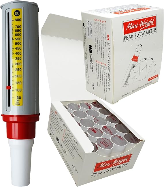 Mini Wright Peak Flow Meter Tester Asthma Respiratory Monitor + Full Box Mini Wright Mouth Pieces (20)