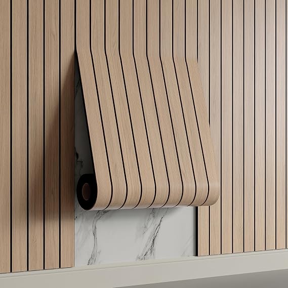 Yutianli PVC Slat Wall Panel Peel and Stick 118"x 15.7" Faux Wood Slat Panel Artificial Oak Wood Grain Self-Adhesive Soundproof 3D Wall Panel for Walls and Ceilings
