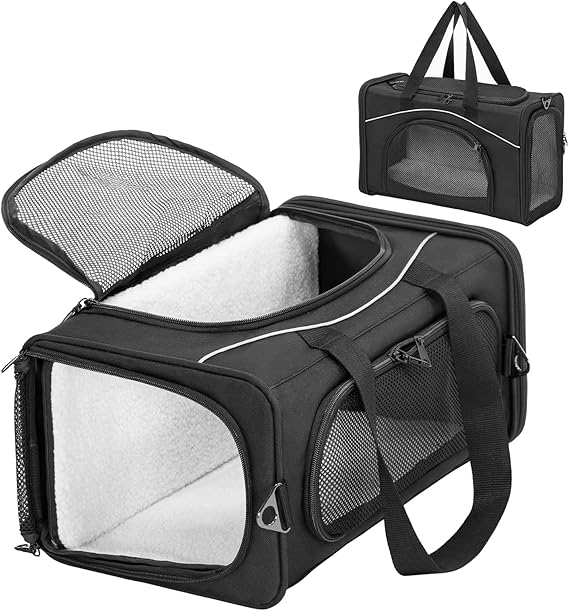 Petsfit Airline Approved Pet Carrier for Small Cats, 16.5x8.6x11 TSA Approved Carrier, with Removable Dual-Sided Padding (2-Way Placement) - Fits Under Most Airplane Seats, Escape Proof (Black)