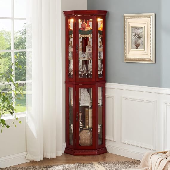 Lighted Corner Display Curio Cabinet, Curved Wood Corner Cabinet with Tempered Glass Doors and Shelves for Living Room (Cherry)