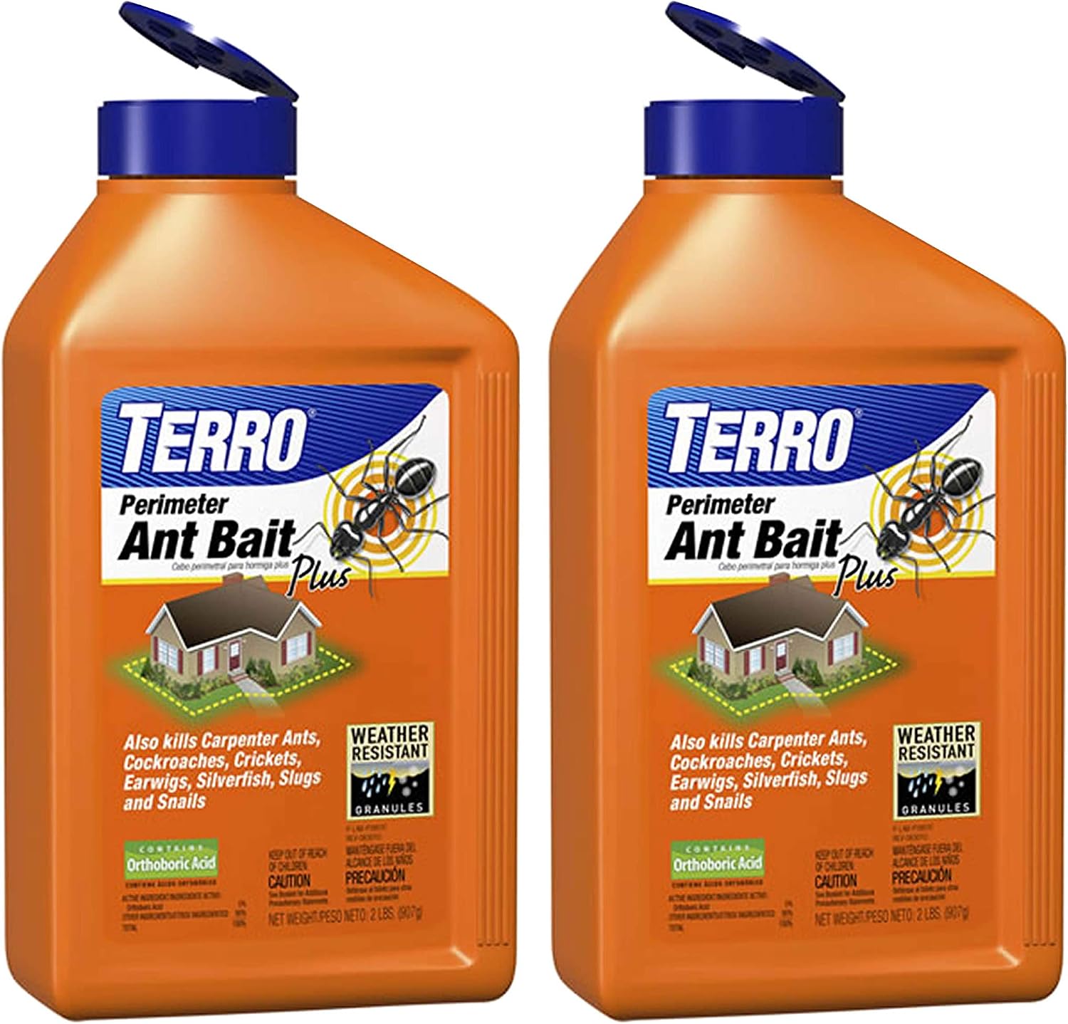 TERRO T2600 Perimeter Ant Bait Plus - Outdoor Ant Bait and Killer - Attracts and Kills Ants, Carpenter Ants, Roaches, Crickets, Earwigs, Silverfish, Slugs and Snails - 2 Pack, 4Lbs