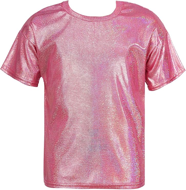 Girls Boys Sparkly Metallic Dance Tops Short Sleeve T-Shirt Jazz Hip Hop Party Stage Performance Costume