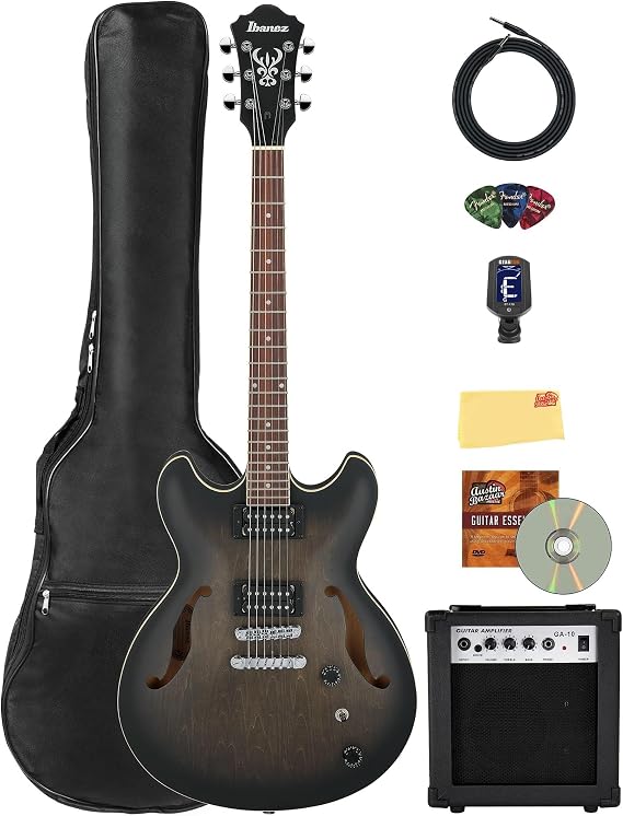 Ibanez AS53 AS Artcore Hollow Body Electric Guitar - Transparent Black Flat Bundle with Amplifier, Gig Bag, Tuner, Cable, Picks, Austin Bazaar Instructional DVD, and Polishing Cloth