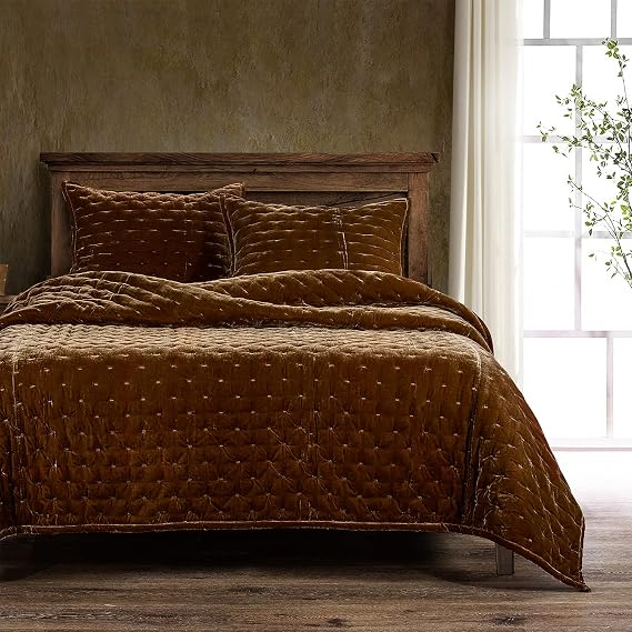 HiEnd Accents Stella Faux Silk Velvet 3 Piece Quilt Set with Pillow Shams, King, Copper Brown Solid Color, Romantic Modern Western Traditional Style Luxury Bedding, 1 Quilt and 2 Pillow Cases