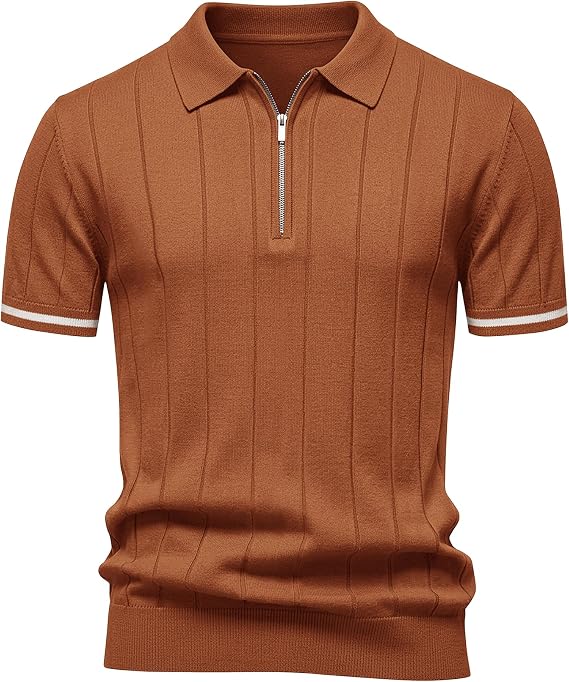 Elainone Men's Polo Shirt Short Sleeve Quarter Zip Striped Top