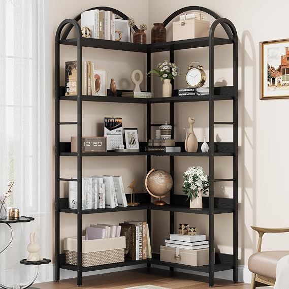 Corner Bookcase 5 Tiers, 68.5" Arched Industrial Large Bookshelf with Wood Shelves and Metal Frame - Modern Storage Display for Home Office, Living Room, Bedroom - Black