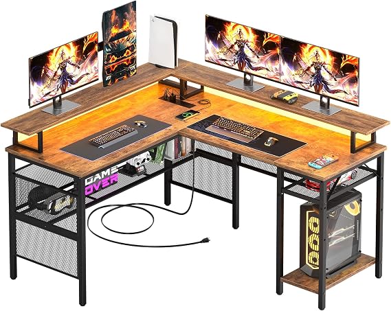 Cyclysio L Shaped Desk with Full Monitor Stand, Reversible Computer Desk with Power Outlet & LED Strip, Home Office Desk with Storage Shelves, Gaming Desk Corner Desk (Rustic Brown)