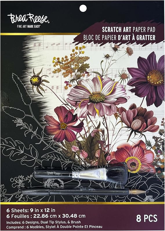 Brea Reese Scratch Art Paper Pad, Woodland Songs, 6 Metallic Foil Designs | Includes Dual-Tip Stylus & Brush, Perforated 9x12 Pages for Framing, Guided DIY Adult Craft & Relaxation Set