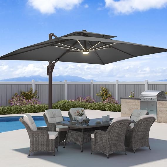 9x12 FT Patio Cantilever Outdoor Umbrella with Base and LED Lights | Weighted Base Included, Aluminum Frame, Double Top, Waterproof Fabric, 360 Rotation, for Pool Deck Garden, Grey