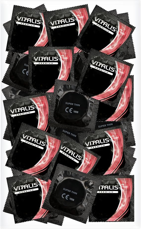 VITALIS 100 Condoms Pack Super Thin I Nominal Width 53 mm I Ultra-Thin Transparent Condoms I 100 Premium Condoms with wall Thickness 0.055 mm I Ultra-Soft Smooth Condoms for Men