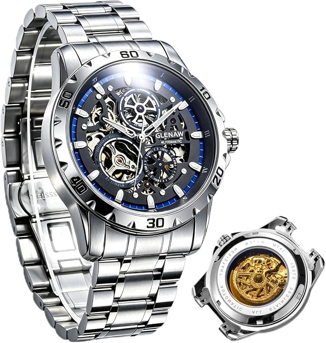 Automatic Watches for Men -Skeleton Mechanical Self-Winding, Skeleton Dial, 30 ATM Waterproof, with Stainless Steel Band, Wrist Watch - Men's Stylish Gift