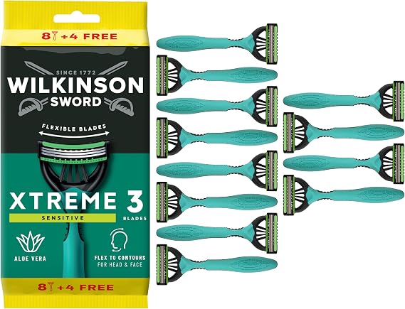 Wilkinson Sword Xtreme 3 Sensitive, 8 + 4 disposable shavers, vitamin E and aloe vera lubrication tape, best suited for facial care and softness