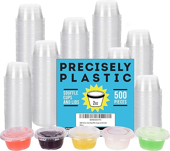 [500 sets - 2oz] Disposable Plastic Souffle/Portion Cups with Lids Bulk Perfect for Shot Glasses, Condiments, Toppings, Dressings, Sampling