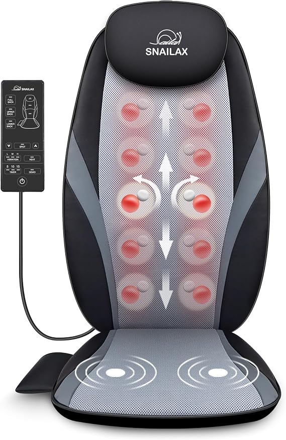 Snailax Shiatsu Back Massager with Heat, Deep Kneading Massage Chair Pad for Neck, Shoulders, Full Back & Waist, Adjustable Roller Massage Seat Cushion for Home Office, Pain Relief, Gift for Men Women