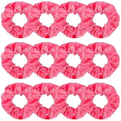 12PCS Dark Pink Stain Scrunchies - Bulk Deep Pink Hair Ties No Damage Ponytail Holder - Valentines Day & Birthday Party Favors