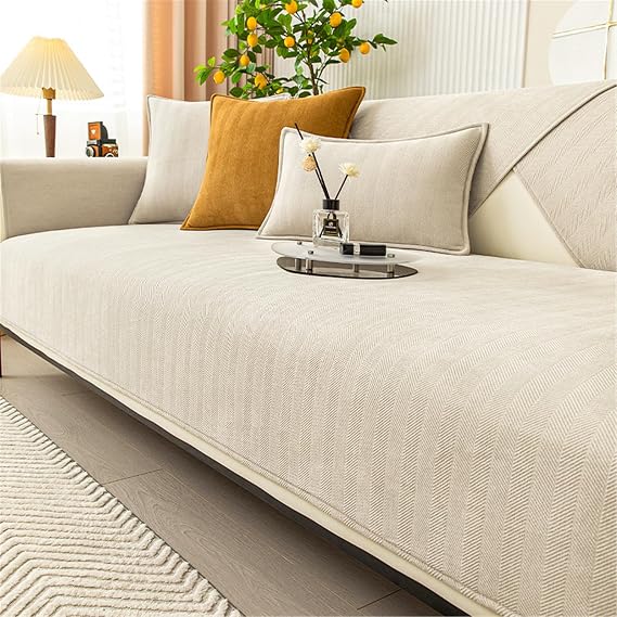 Herringbone Chenille Fabric Furniture Protector Sofa Cover 1 2 3 Seater, Non-Slip Sofa Slipcovers for Corner L Shape, Thick Textured Sofa Cushion Covers Furniture Protector (Beige,70x150cm)